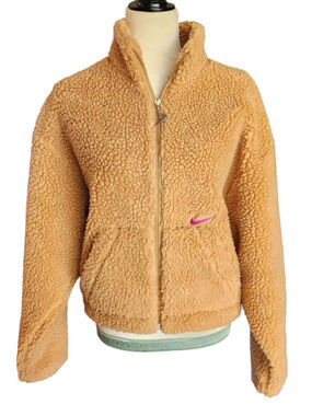 Nike Sherpa Fleece Jacket Womens M Tan Full Zip Cropped Teddy Jacket Pink Swoosh